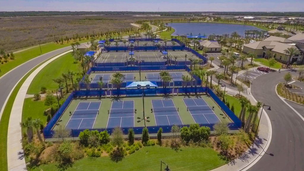 Aerial view of the tennis courts and pickle ball courts at del webb lakewood ranch