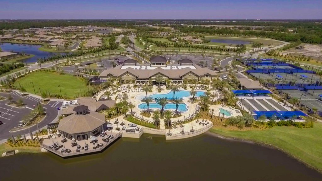 Drone View of Del Webb Lakewood Ranch pool, restaurant and clubhouse at lakewood ranch